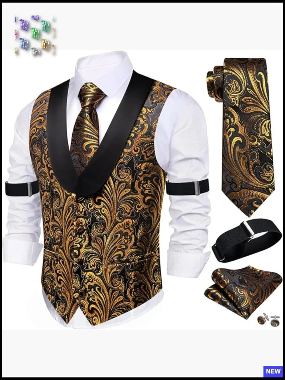 Silk Lapel Vest Set Formal Casual Paisley Tuxedo Waistcoat Tie Cufflinks